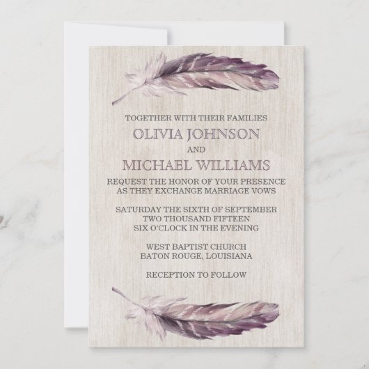 Rustieke Waterverf Feathers Huwelijksuitnodigingen Kaart (Voorkant)