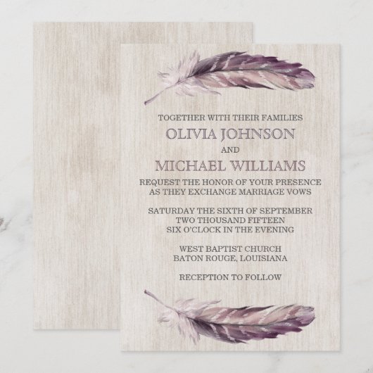 Rustieke Waterverf Feathers Huwelijksuitnodigingen Kaart (Voorkant / Achterkant)