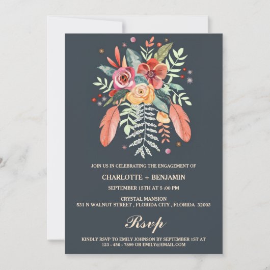 Rustieke Waterverf Floral Boho Verlovingsfeest Kaart (Voorkant)