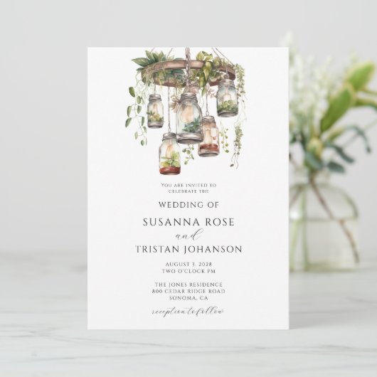 Rustieke Waterverf Floral Mason Jar Lights Bruilof Kaart (Staand voorkant)