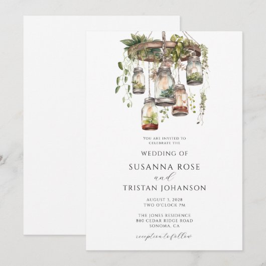 Rustieke Waterverf Floral Mason Jar Lights Bruilof Kaart (Voorkant / Achterkant)