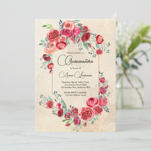 Rustieke Waterverf Floral Quinceanera Kaart (Staand voorkant)