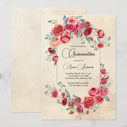 Rustieke Waterverf Floral Quinceanera Kaart (Voorkant / Achterkant)