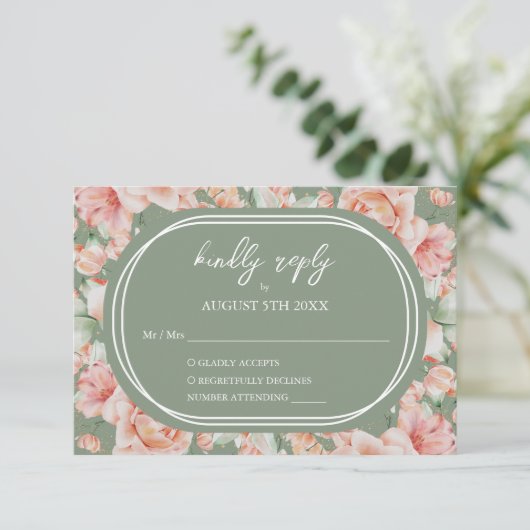 Rustieke Waterverf Floral Sage Groene Blush Bruilo RSVP Kaartje (Staand voorkant)