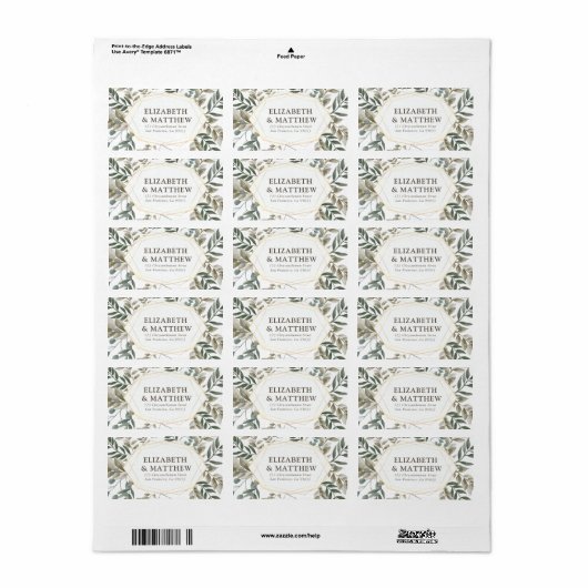 Rustieke Waterverf Foliage bruiloft adres Etiket (Full Sheet)