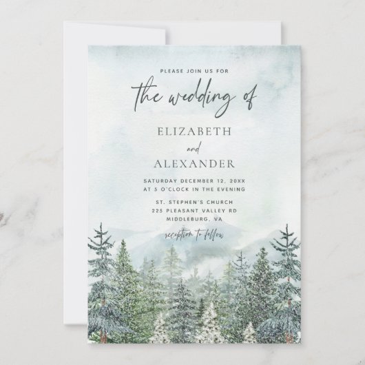 Rustieke Waterverf Forest Pine Trees Winter Weddin Kaart (Voorkant)