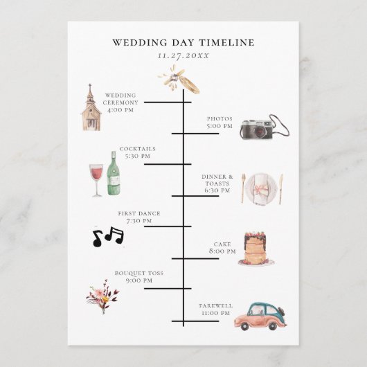 Rustieke Waterverf geïllustreerde trouwdag tijdlij Programmakaart (Voorkant)