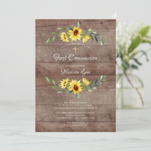 Rustieke Waterverf Gele Zonnebloem Eerste Communie Kaart (Staand voorkant)
