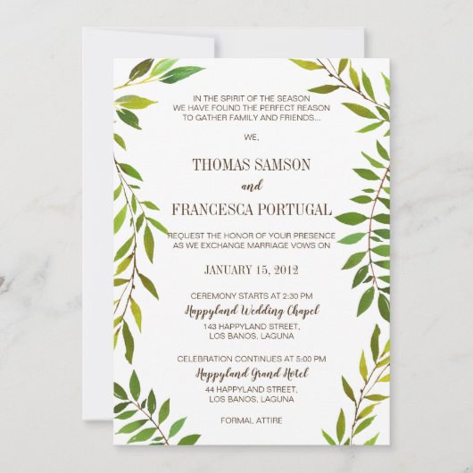 Rustieke Waterverf groen bruiloft uitnodiging Kaar (Voorkant)