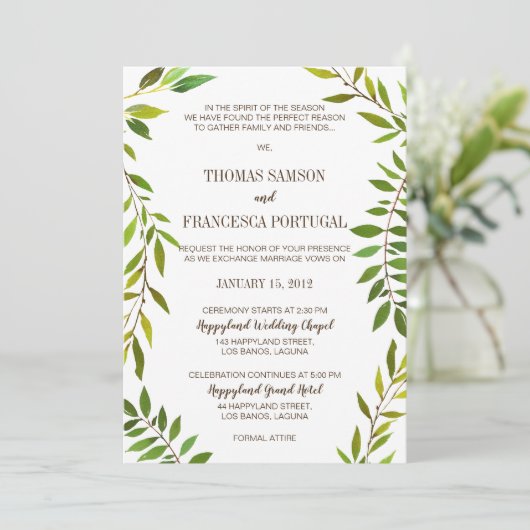 Rustieke Waterverf groen bruiloft uitnodiging Kaar (Staand voorkant)