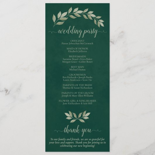 Rustieke Waterverf groen Elegant smaragd bruiloft Programmakaart (Achterkant)