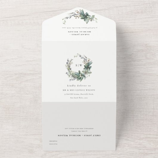 Rustieke Waterverf Groen gebladerte krans bruiloft All In One Uitnodiging (Buitenkant)