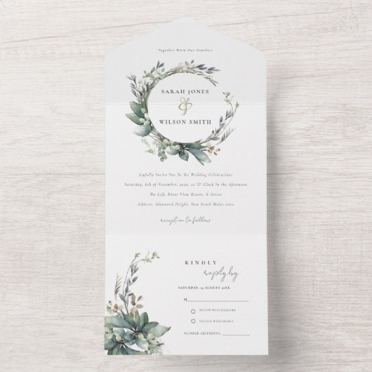 Rustieke Waterverf Groen gebladerte krans bruiloft All In One Uitnodiging (Binnen)