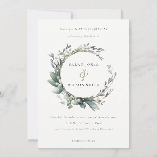 Rustieke Waterverf Groen gebladerte krans bruiloft Kaart (Voorkant)