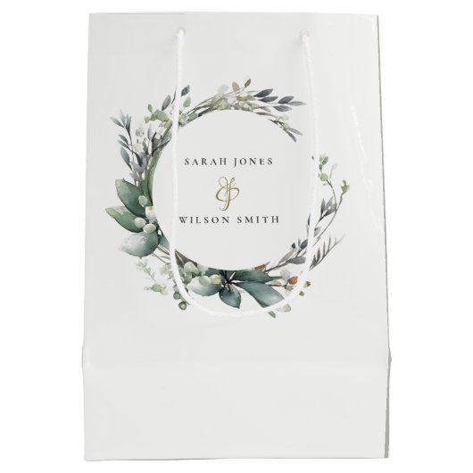 Rustieke Waterverf Groen gebladerte krans bruiloft Medium Cadeauzakje (Achterkant)