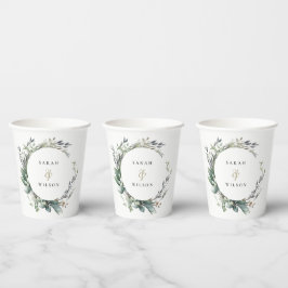 Rustieke Waterverf Groen gebladerte krans bruiloft Papieren Bekers