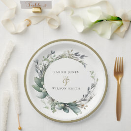 Rustieke Waterverf Groen gebladerte krans bruiloft Papieren Bordje