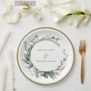 Rustieke Waterverf Groen gebladerte krans bruiloft Papieren Bordje