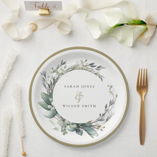 Rustieke Waterverf Groen gebladerte krans bruiloft Papieren Bordje (Huwelijk)