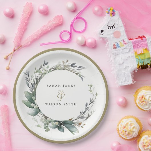 Rustieke Waterverf Groen gebladerte krans bruiloft Papieren Bordje (Feest)