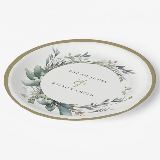 Rustieke Waterverf Groen gebladerte krans bruiloft Papieren Bordje (Gekanteld)