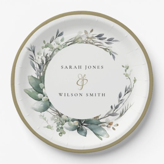 Rustieke Waterverf Groen gebladerte krans bruiloft Papieren Bordje (Voorkant)