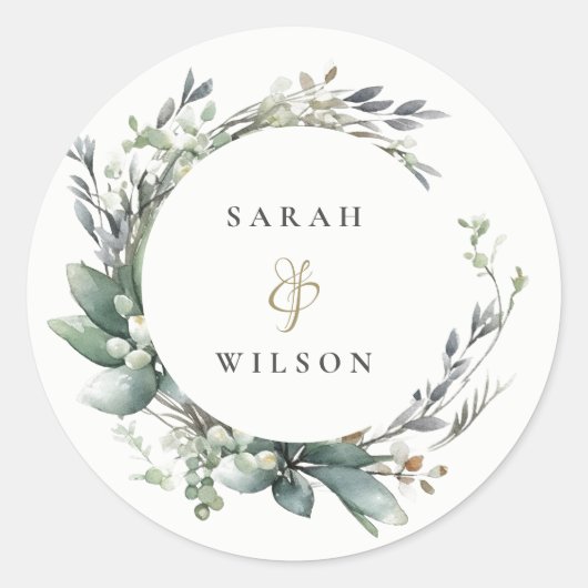 Rustieke Waterverf Groen gebladerte krans bruiloft Ronde Sticker (Voorkant)