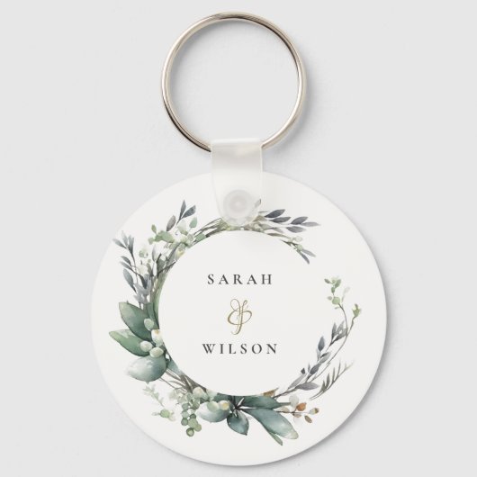 Rustieke Waterverf Groen gebladerte krans bruiloft Sleutelhanger (Voorkant)