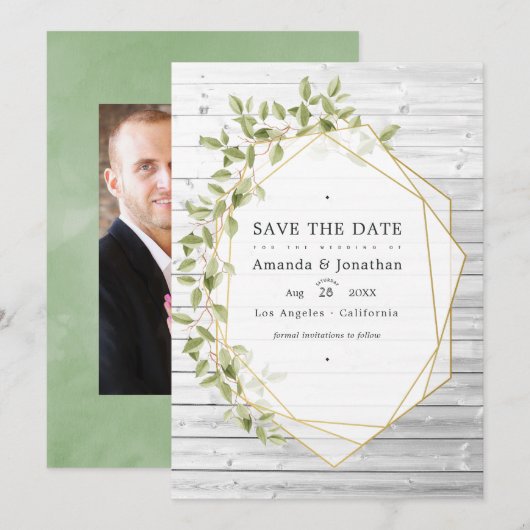 Rustieke waterverf groen geometrische bruiloft save the date (Voorkant / Achterkant)