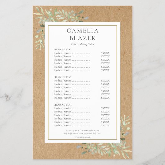 Rustieke Waterverf Groen Salon Service Menu (Voorkant)