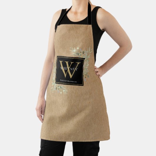 Rustieke Waterverf Groen Zwart Goud Monogram Schort (Insitu)