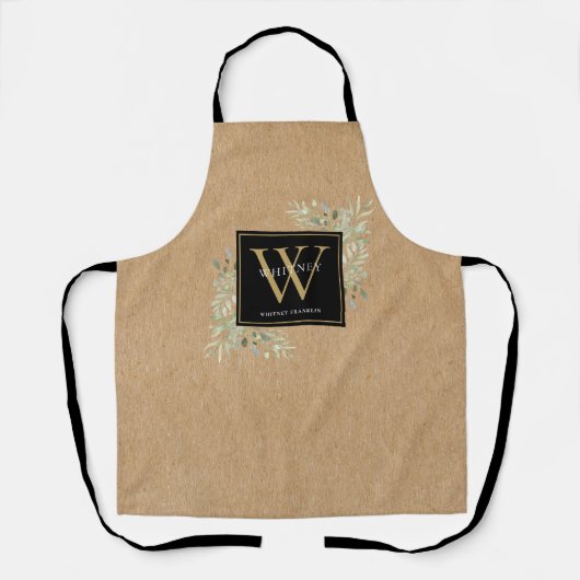 Rustieke Waterverf Groen Zwart Goud Monogram Schort (Voorkant)