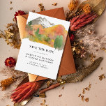 Rustieke Waterverf Herfst Berg Trouwfoto Save The Date<br><div class="desc">Rustieke Waterverf Herfst Mountain Wedding Photo Save the Date - met een prachtig herfst berglandschap met moderne typografie. Een volledige afloopfoto van de bruid en bruidegom is te zien op de achterkant van de Save the Date. Aankondiging is onderdeel van een collectie.</div>