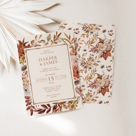 Rustieke Waterverf Herfst Bloemen Lijst Bruiloft Kaart