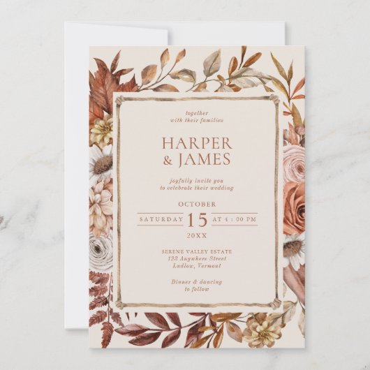 Rustieke Waterverf Herfst Bloemen Lijst Bruiloft Kaart (Voorkant)