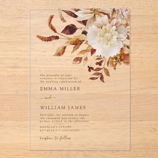 Rustieke Waterverf herfst bloemenbruiloft Acryl Uitnodigingen (Voorkant)