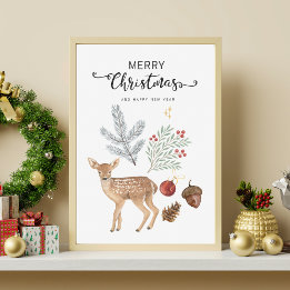 Rustieke Waterverf Herten en Botanicals Kerst Canvas Afdruk