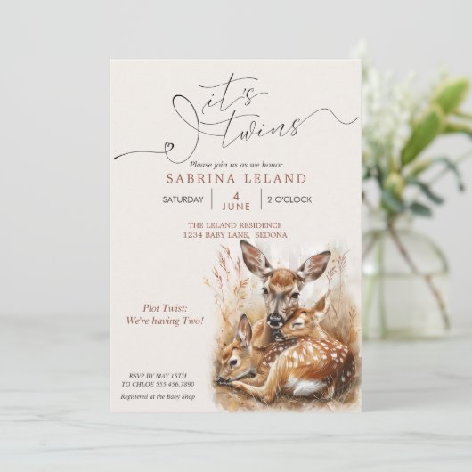 Rustieke Waterverf Herten en Twin Fawns Kaart (Staand voorkant)