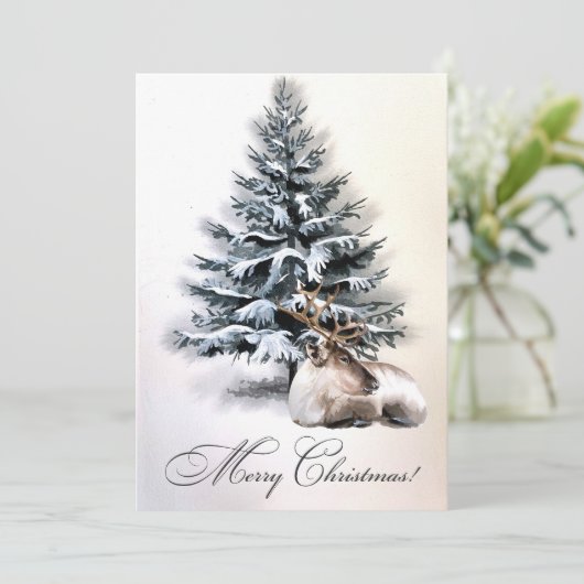 Rustieke Waterverf Herten In Sneeuw Aangepaste Ker Feestdagenkaart (Staand voorkant)