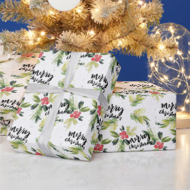Rustieke Waterverf Holly Pattern Vrolijk Kerstfees Cadeaupapier