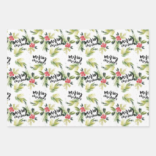 Rustieke Waterverf Holly Pattern Vrolijk Kerstfees Inpakpapier Vel (Voorkant 2)