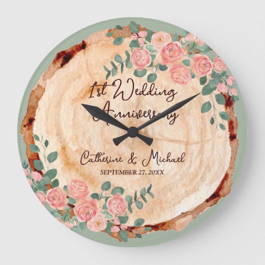 Rustieke Waterverf Hout Slice Sage Groen Grote Klok (Voorkant)