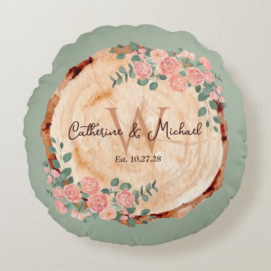 Rustieke Waterverf Hout Slice Sage Groen Rond Kussen (Voorkant)