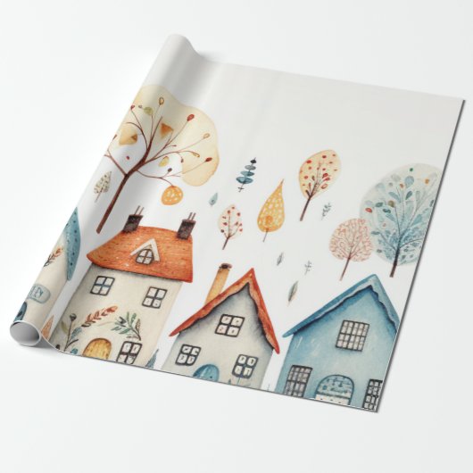 Rustieke Waterverf huizen en bomen inpakpapier (Uitgerold)