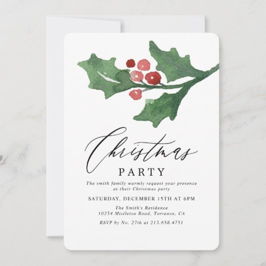 Rustieke Waterverf Hulst Kerstvakantie Kerstfeest Kaart (Voorkant)