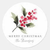 Rustieke Waterverf Hulstbes Kerst Ronde Sticker (Voorkant)