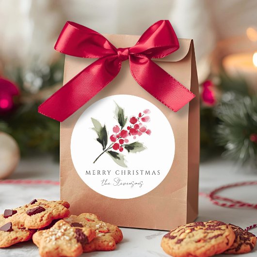 Rustieke Waterverf Hulstbes Kerst Ronde Sticker