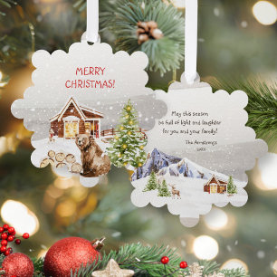 Rustieke waterverf hut beer aandenken Kerstmis Ornament Kaart