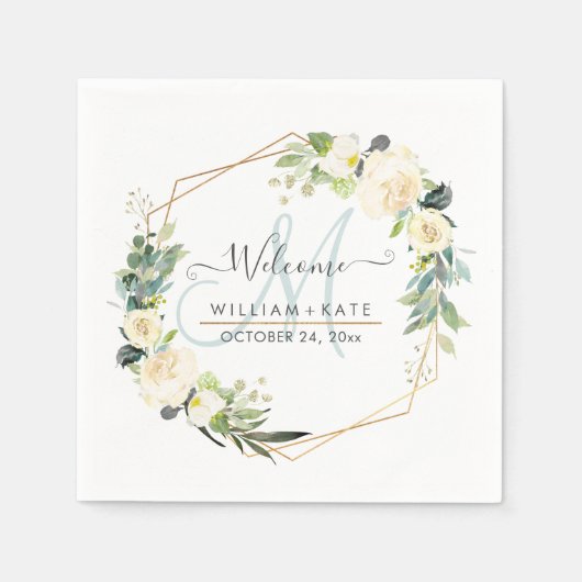 Rustieke Waterverf Ivoor Cream Rozen Monogram Servet (Voorkant)