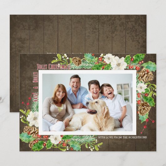 Rustieke Waterverf Kerst Holly Jolly Floral Kaart (Voorkant / Achterkant)